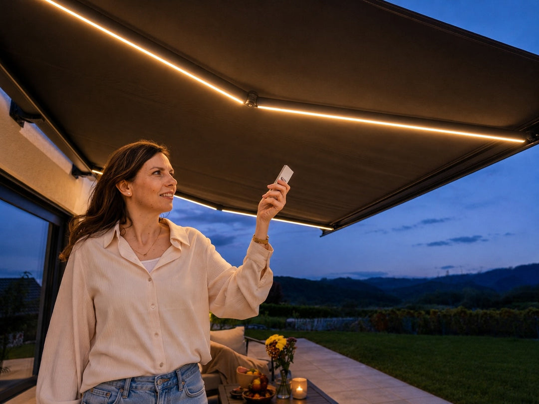 Toldo retrátil motorizado com LED integrado